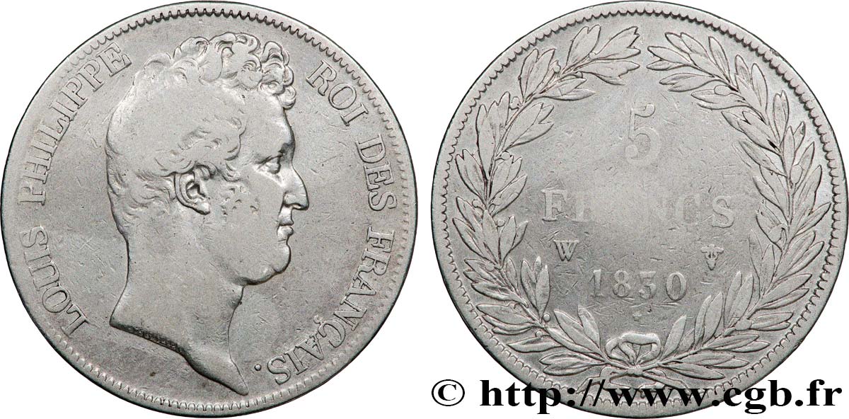 5 francs type Tiolier sans le I, tranche en creux 1830 Lille F.313/4 TB 