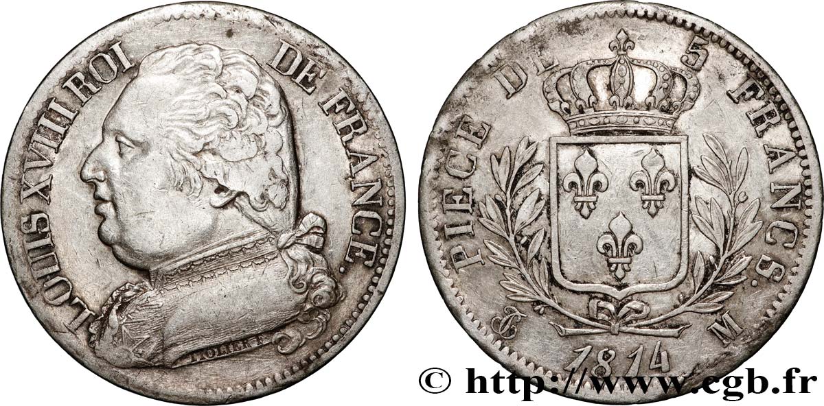 5 francs Louis XVIII, buste habillé 1814 Toulouse F.308/9 BB 