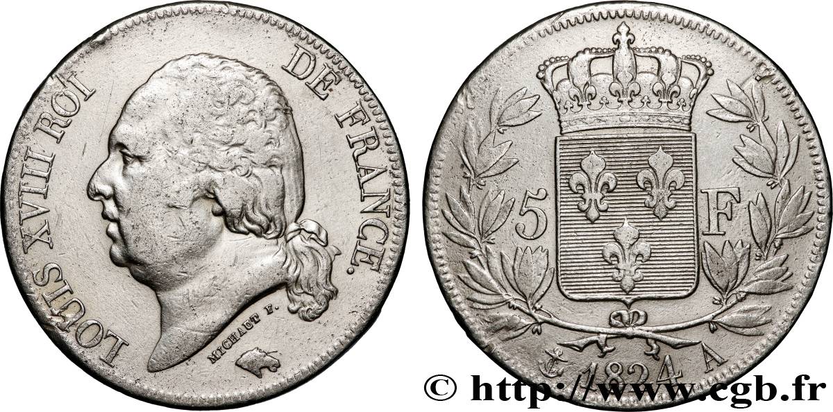 5 francs Louis XVIII, tête nue 1824 Paris F.309/88 VF 