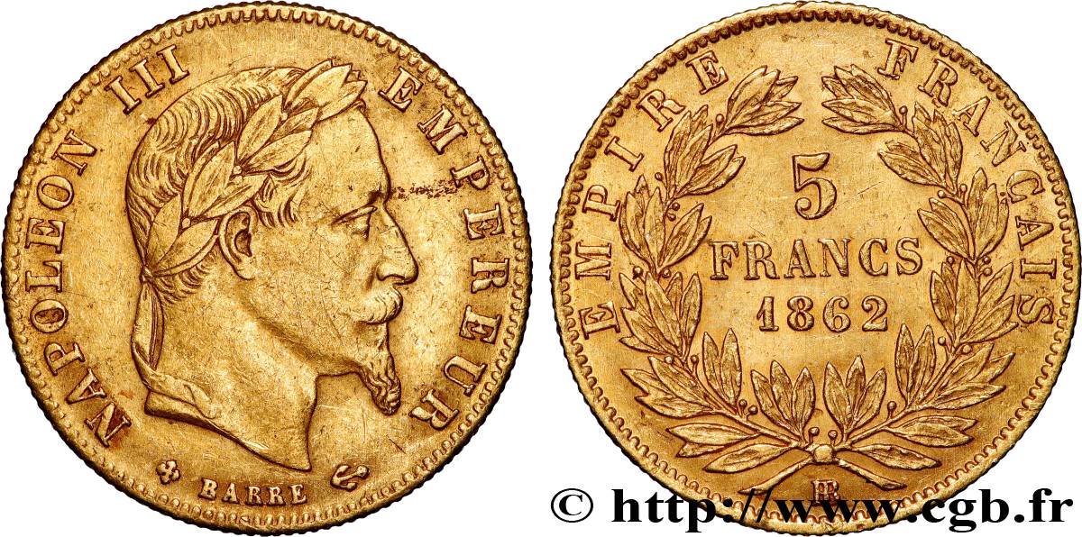 5 francs or Napoléon III, tête laurée 1862 Strasbourg F.502/2 TTB 