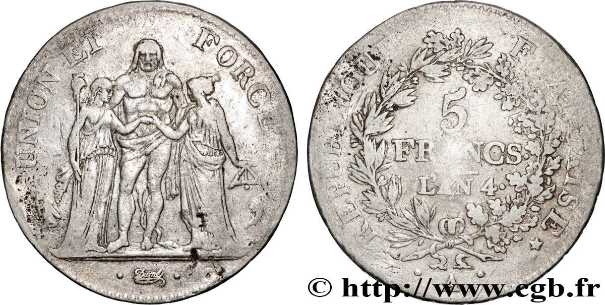 5 francs Union et Force, Union serré, avec glands intérieurs et gland extérieur 1796 Paris F.288/3 BC 