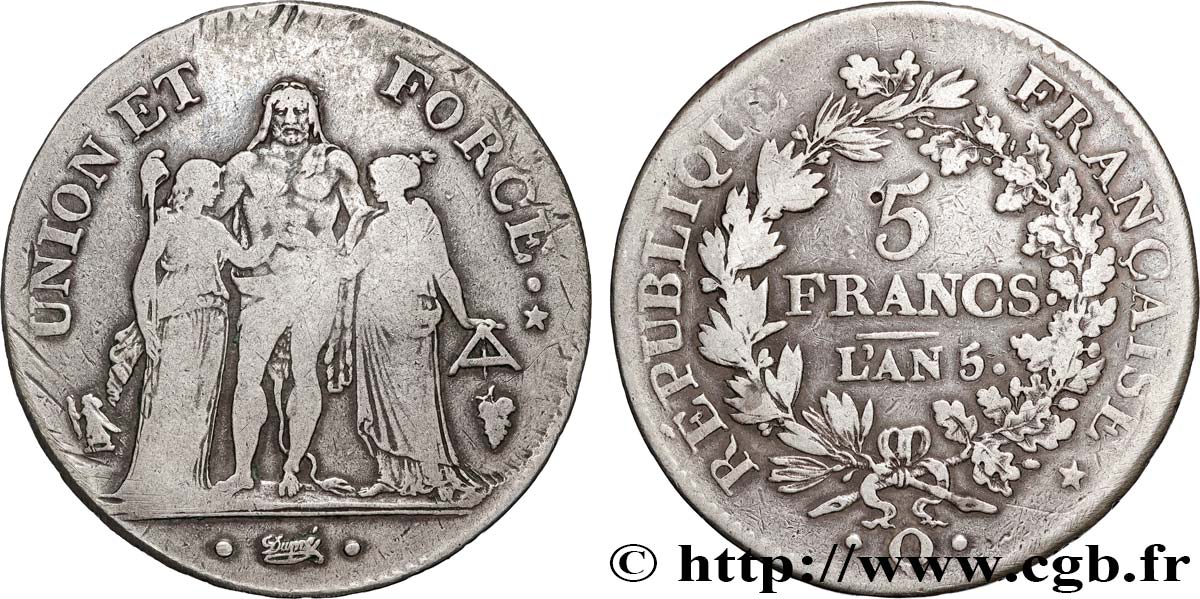 5 francs Union et Force, Union serré, seulement gland extérieur 1797 Perpignan F.288/28 MB 
