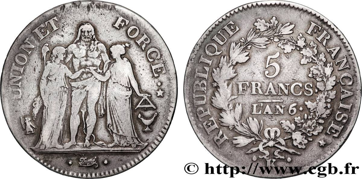 5 francs Union et Force, Union serré, seulement gland extérieur 1798 Bordeaux F.288/61 TB+ 