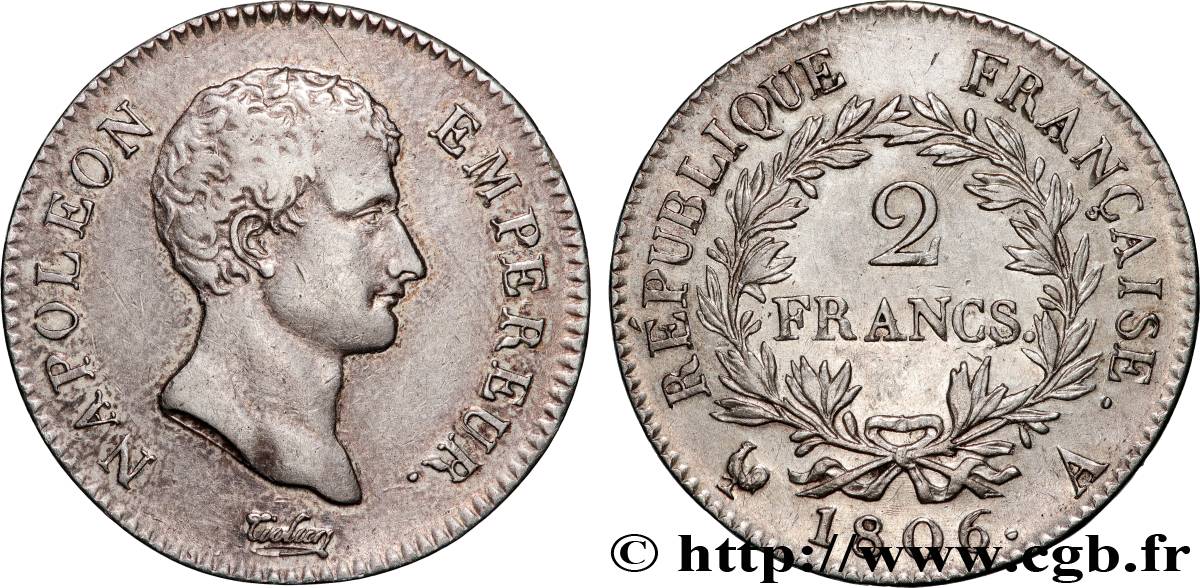 2 francs Napoléon Empereur, Calendrier grégorien 1806 Paris F.252/1 TTB+ 