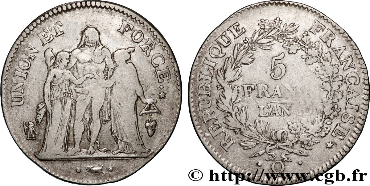 5 francs Union et Force, Union serré, avec glands intérieurs et gland extérieur 1802 Perpignan F.288/184 TB 