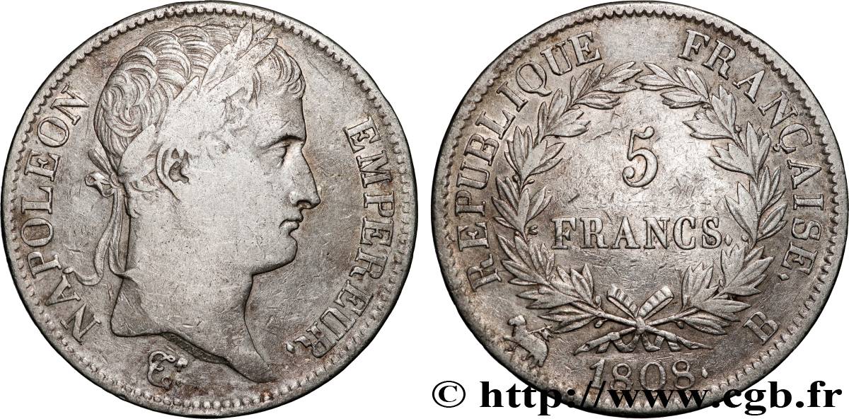 5 francs Napoléon empereur, République française 1808 Rouen F.306/3 VF 