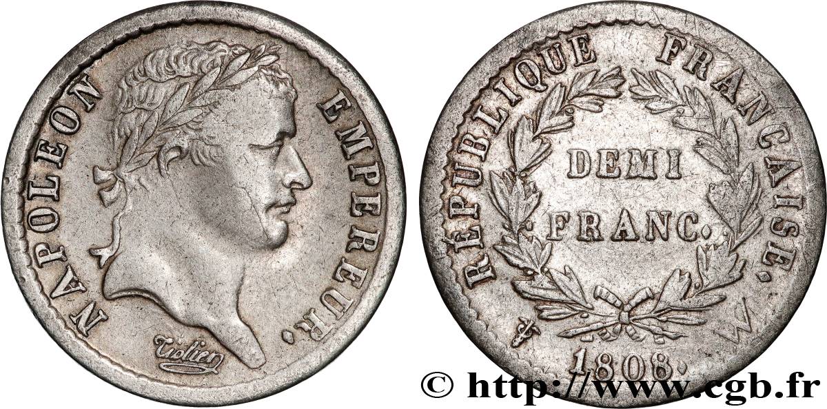 Demi-franc Napoléon Ier tête laurée, République française 1808 Lille F.177/16 VF 