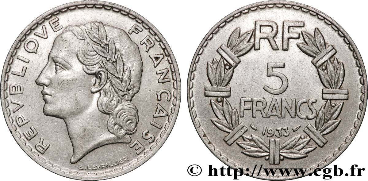 5 francs Lavrillier, nickel 1933  F.336/2 BB 