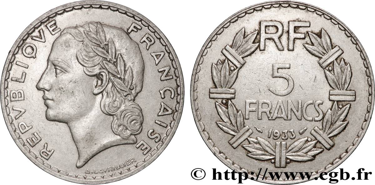5 francs Lavrillier, nickel 1933  F.336/2 XF 