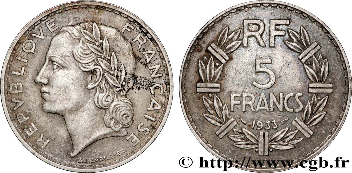 5 francs Lavrillier, nickel 1933  F.336/2 XF 