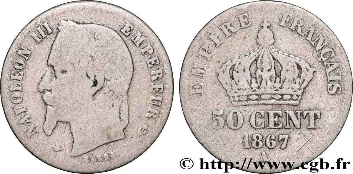 50 centimes Napoléon III, tête laurée 1867 Paris F.188/14 VF20 