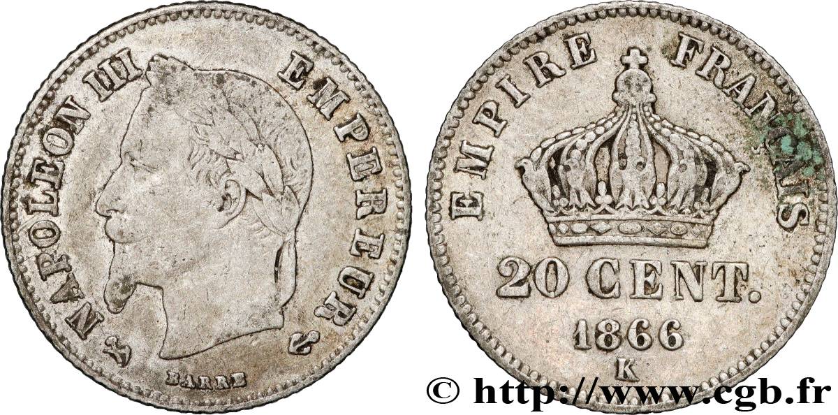 20 centimes Napoléon III, tête laurée, petit module 1866 Bordeaux F.149/6 B 