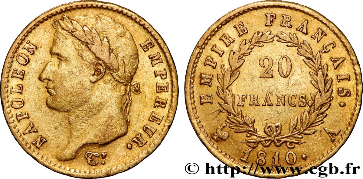 20 francs or Napoléon tête laurée, Empire français 1810 Paris F.516/8 XF 