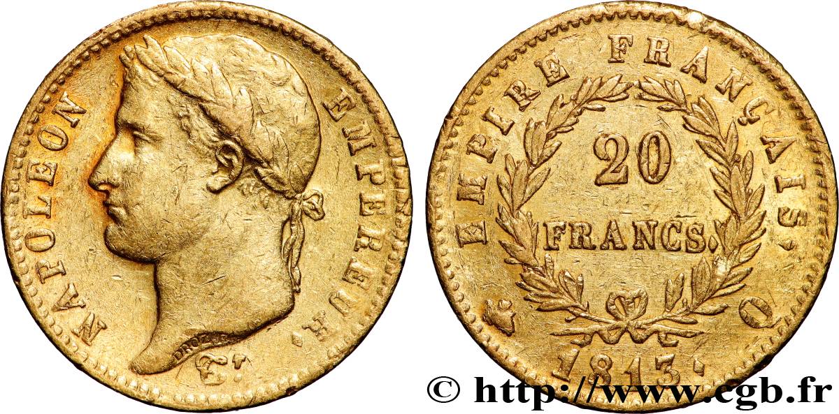 20 francs or Napoléon tête laurée, Empire français 1813 Perpignan F.516/34 XF 