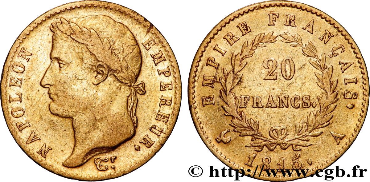 20 francs or Napoléon tête laurée, Cent-Jours 1815 Paris F.516A/1 BC+ 