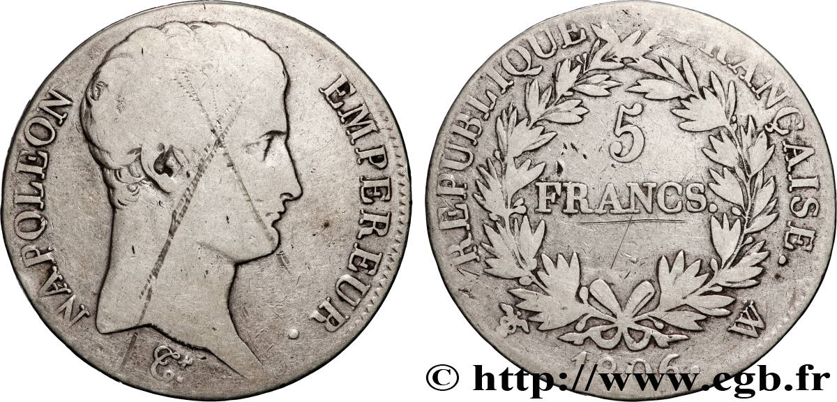 5 francs Napoléon Empereur, Calendrier grégorien 1806 Lille F.304/11 B 