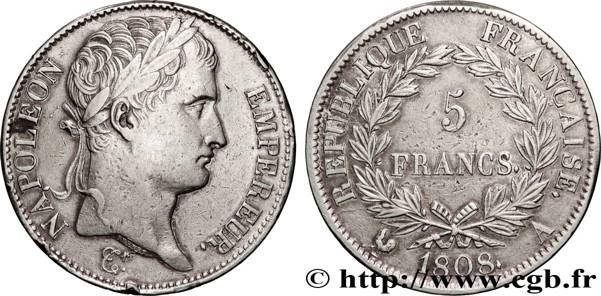 5 francs Napoléon Empereur, République française 1808 Paris F.306/2 MBC 