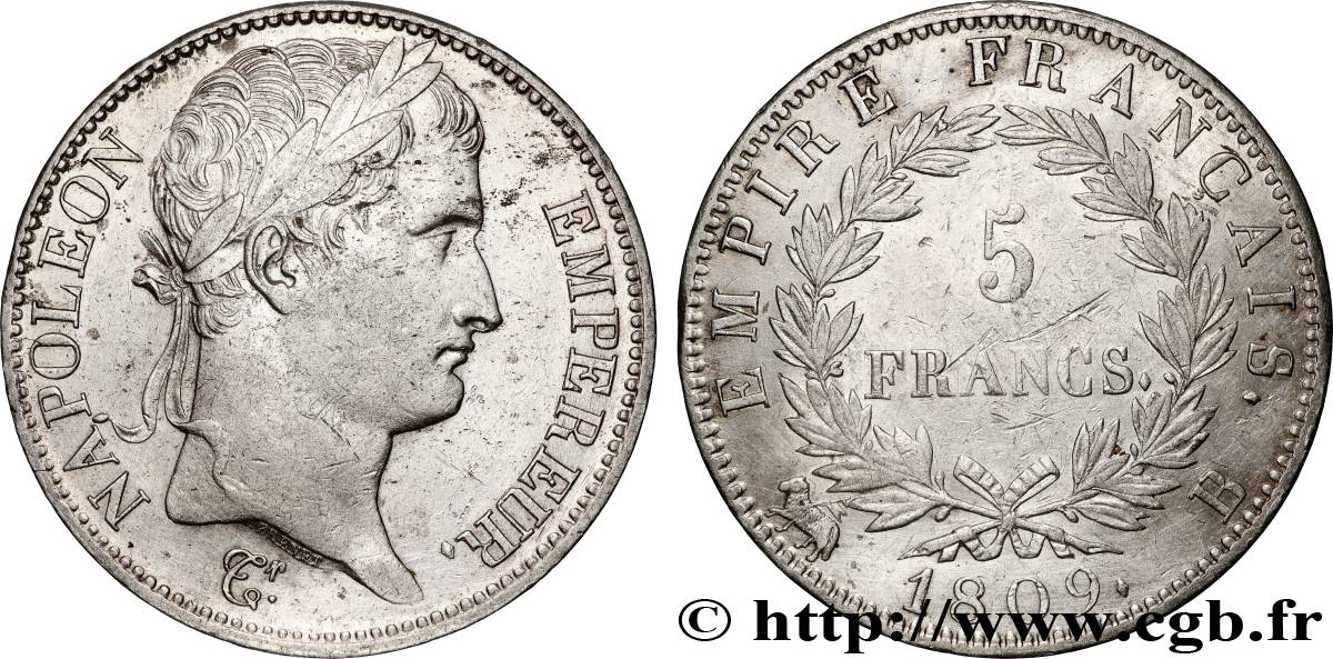 5 francs Napoléon Empereur, Empire français 1809 Rouen F.307/2 TTB+ 