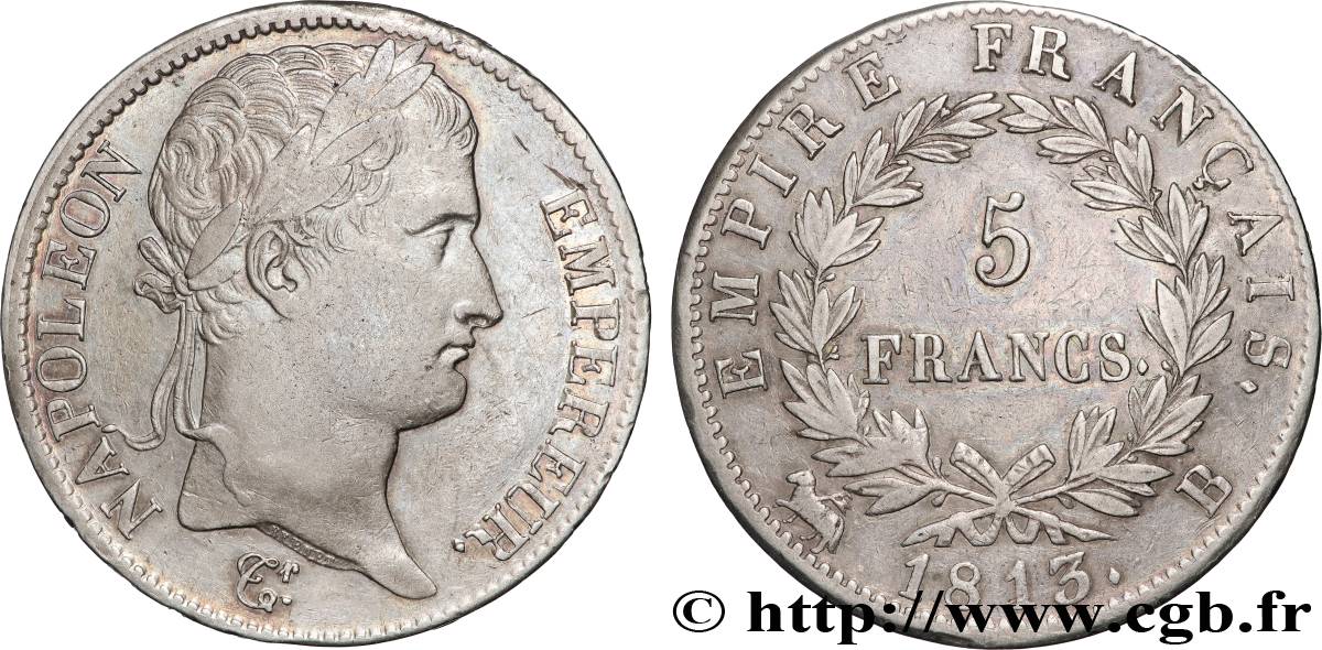 5 francs Napoléon Empereur, Empire français 1813 Rouen F.307/59 MBC 