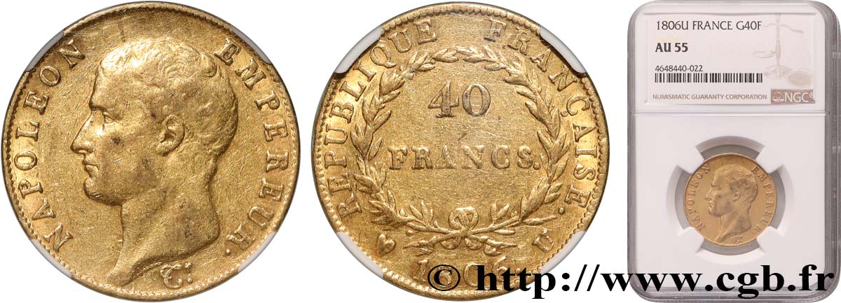 40 francs or Napoléon tête nue, Calendrier grégorien 1806 Turin F.538/4 AU55 PCGS