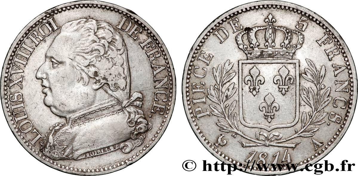 5 francs Louis XVIII, buste habillé 1814 Paris F.308/1 TTB 