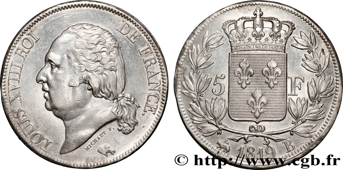 5 francs Louis XVIII, tête nue 1819 Rouen F.309/41 TTB+ 