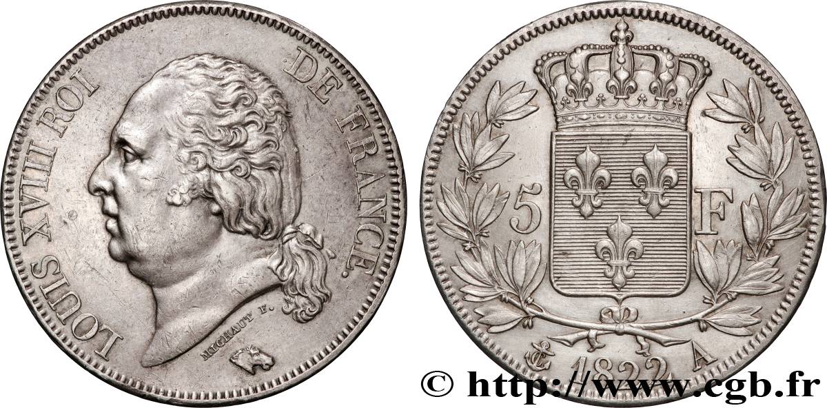 5 francs Louis XVIII, tête nue 1822 Paris F.309/68 SUP 