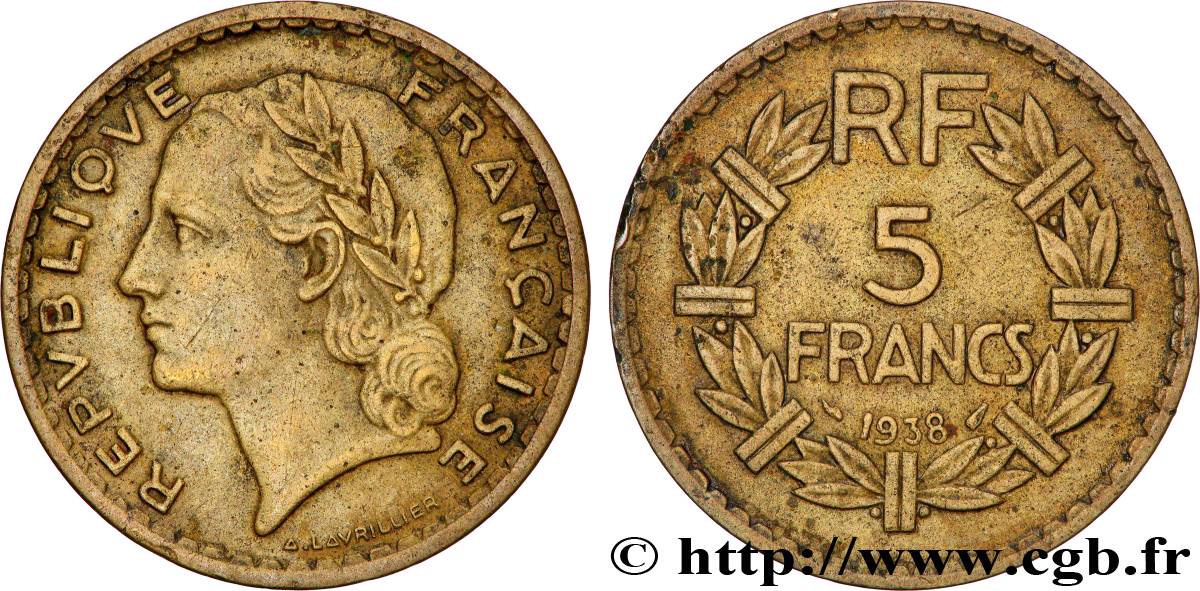 5 francs Lavrillier, bronze-aluminium 1938  F.337/1 VF 