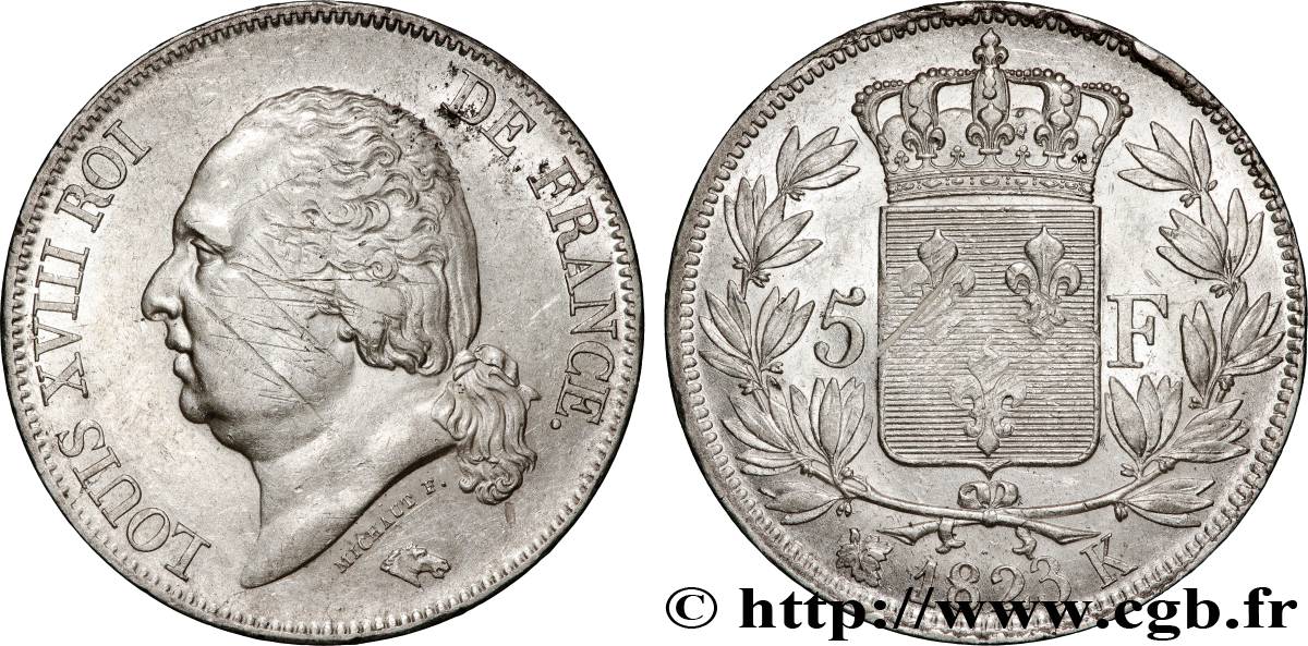 5 francs Louis XVIII, tête nue 1823 Bordeaux F.309/82 AU 