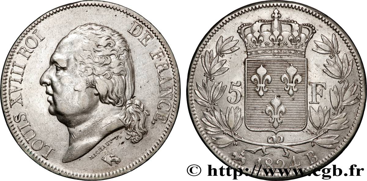 5 francs Louis XVIII, tête nue 1824 Rouen F.309/89 TTB 