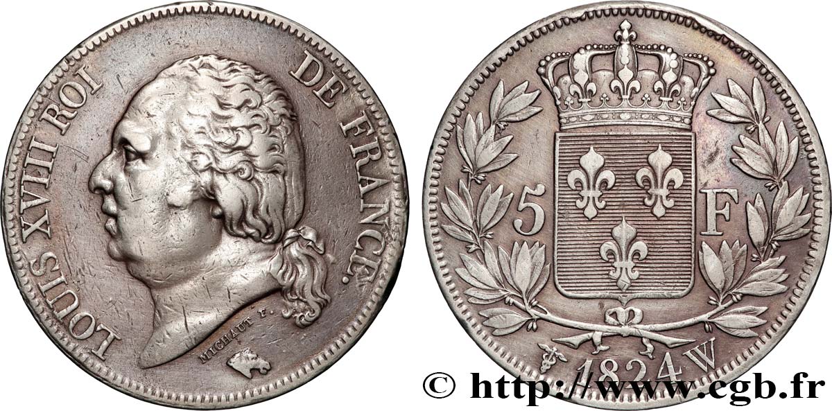 5 francs Louis XVIII, tête nue 1824 Lille F.309/98 XF 