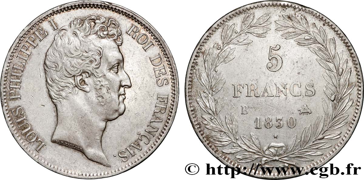 5 francs type Tiolier avec le I, tranche en creux 1830 Rouen F.315/2 TTB53 