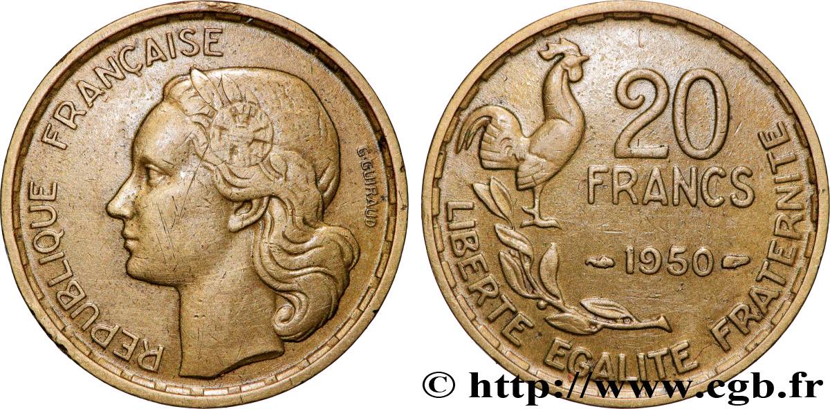 20 francs G. Guiraud, 3 faucilles 1950  F.402/2 XF 