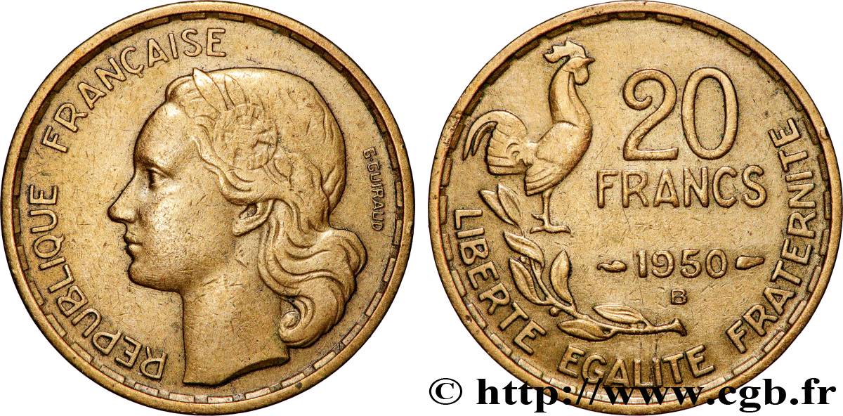 20 francs G. Guiraud, 3 faucilles 1950 Beaumont-Le-Roger F.402/5 XF 