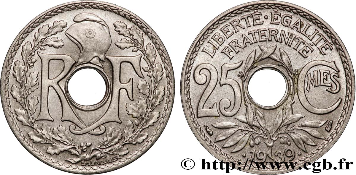 25 centimes Lindauer, Maillechort 1939  F.172/3 SPL+ 