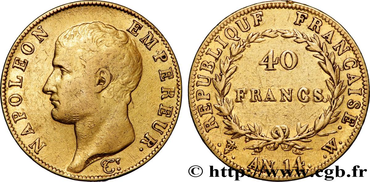 40 francs or Napoléon tête nue, Calendrier révolutionnaire 1805 Lille F.537/4 BC+ 