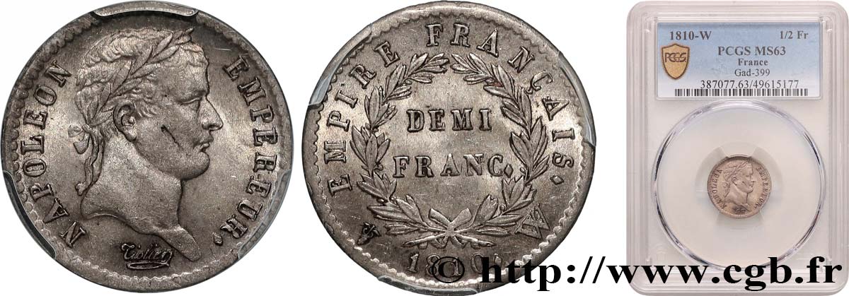 Demi-franc Napoléon Ier tête laurée, Empire français 1810 Lille F.178/20 MS63 PCGS