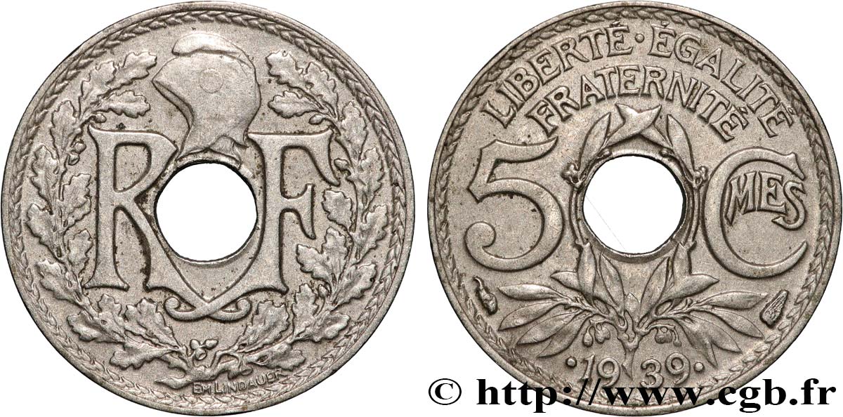 5 centimes Lindauer, maillechort 1939 Paris F.123A/3 SUP 