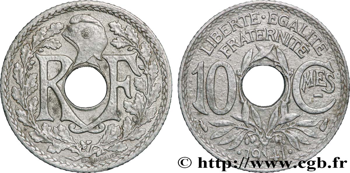 10 centimes Lindauer en zinc, Cmes souligné et millésime avec points 1941  F.140/2 SPL 