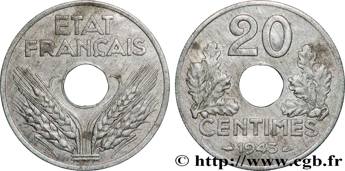 20 centimes État français, lourde 1943  F.153/5 TTB+ 