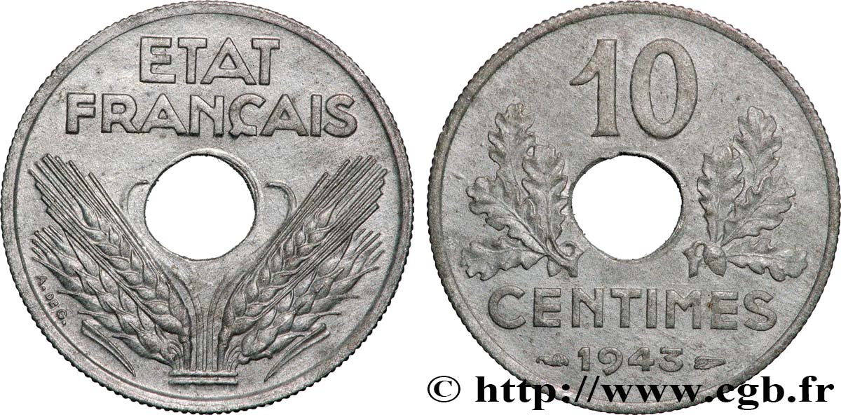 10 centimes État français, grand module 1943  F.141/5 TTB 