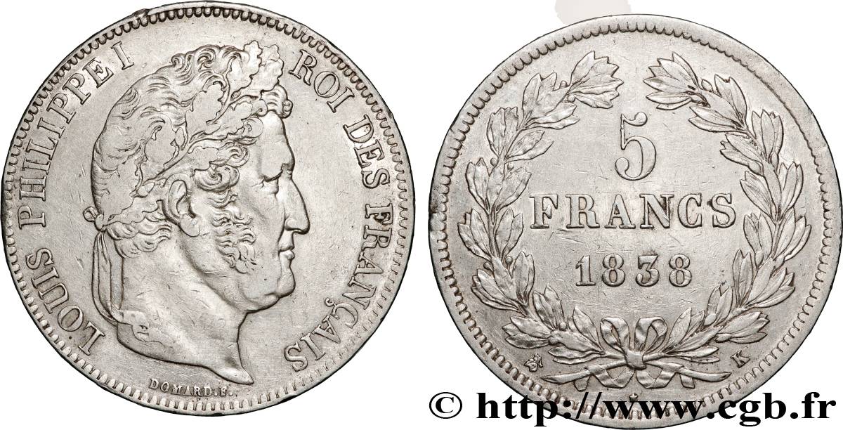 5 francs, IIe type Domard 1838 Bordeaux F.324/72 TTB 