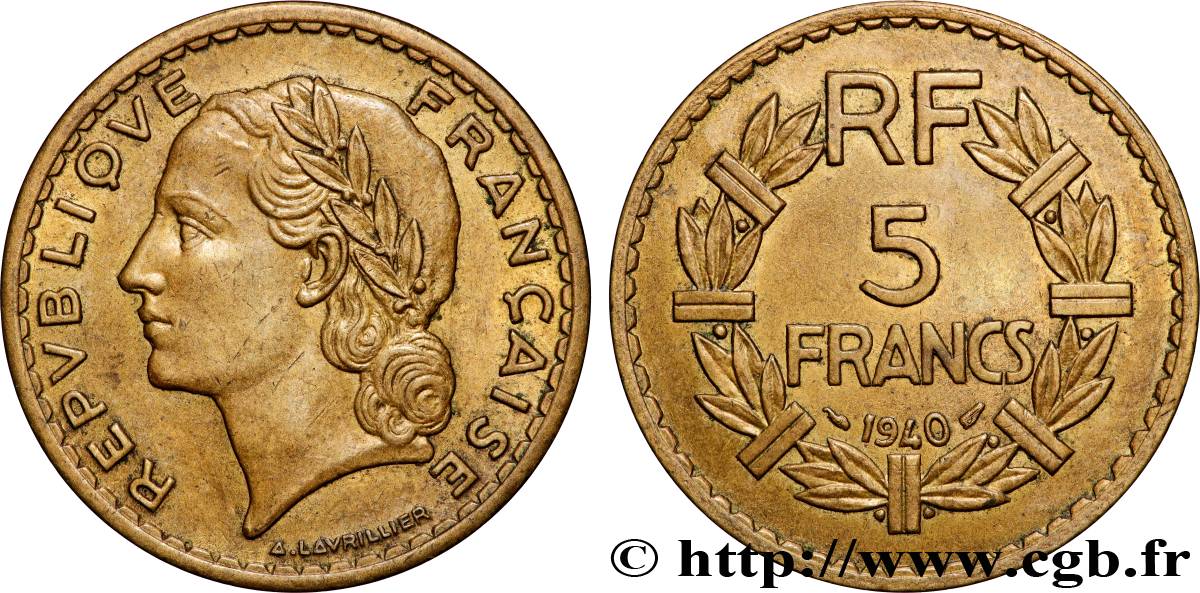 5 francs Lavrillier, bronze-aluminium 1940  F.337/4 SUP 