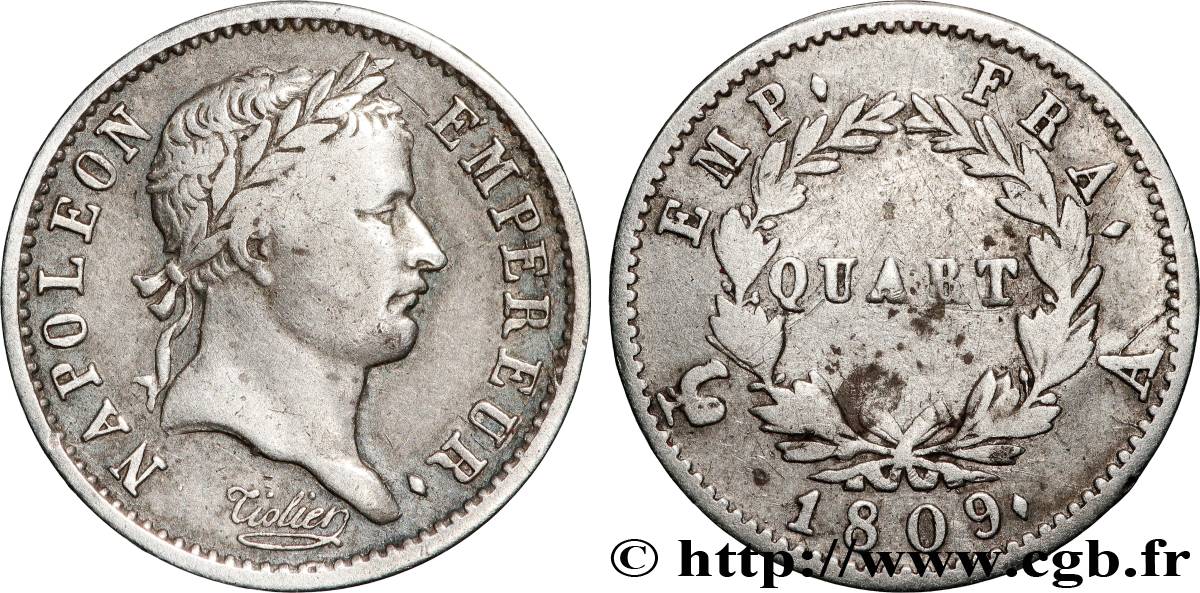 Quart (de franc) Napoléon Ier tête laurée, Empire français 1809 Paris F.162/1 TB 