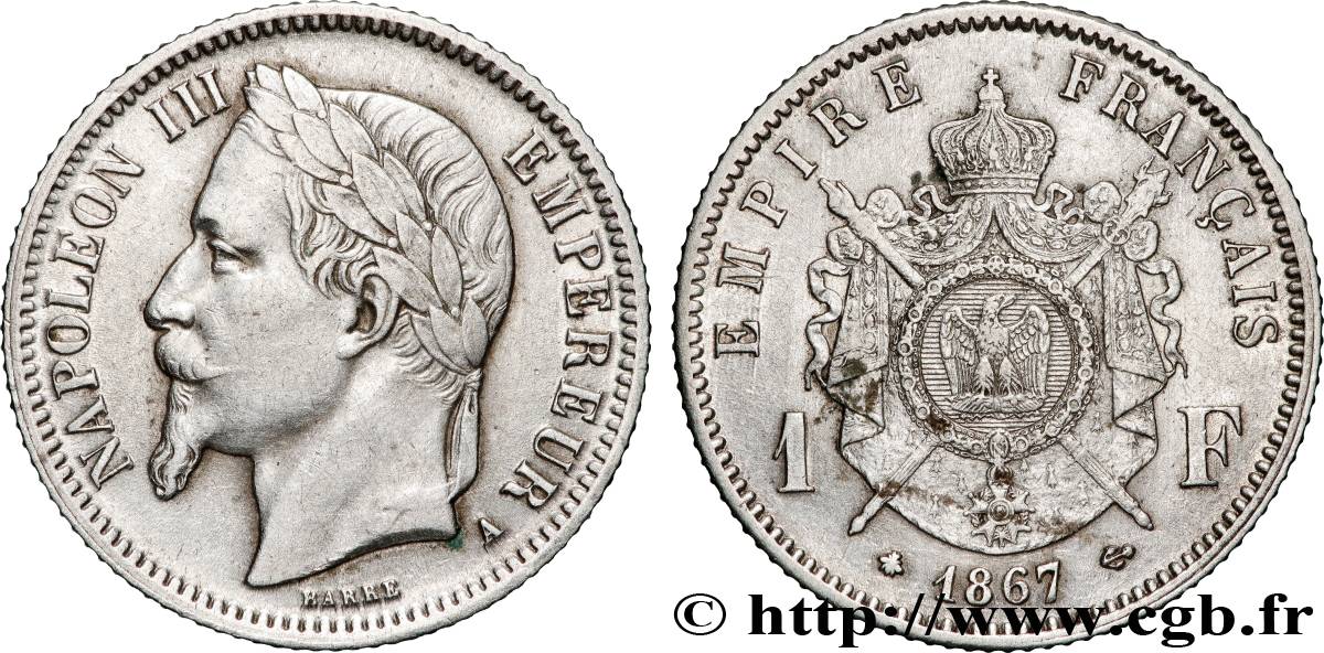 1 franc Napoléon III, tête laurée 1867 Paris F.215/6 TTB 