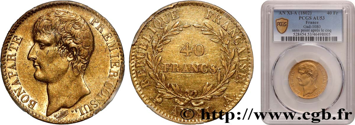 40 francs or Bonaparte Premier Consul, sans point après le coq 1803 Paris F.536/1 var. BB53 PCGS