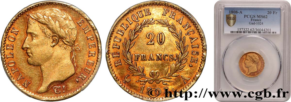 20 francs or Napoléon tête laurée, République française 1808 Paris F.515/2 SPL62 PCGS