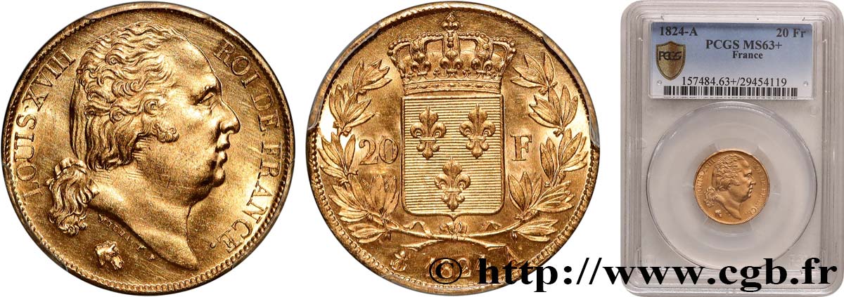 20 francs or Louis XVIII, tête nue 1824 Paris F.519/31 SC63 PCGS