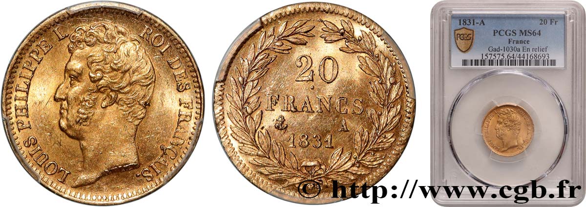 20 francs or Louis-Philippe, Tiolier, tranche inscrite en relief 1831 Paris F.525/2 SPL64 PCGS