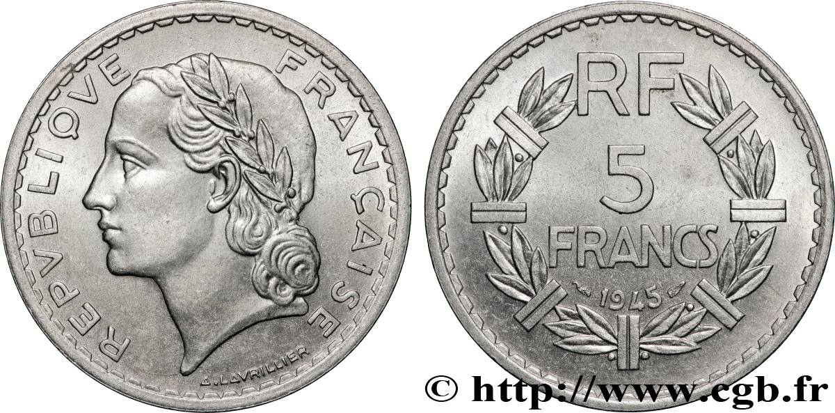 5 francs Lavrillier, aluminium, 9 ouvert 1945  F.339/3 AU 